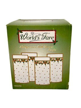 Set of 4 HiMark Hollyberries Tall Glasses Hand Painted Christmas Worlds Fare NOS